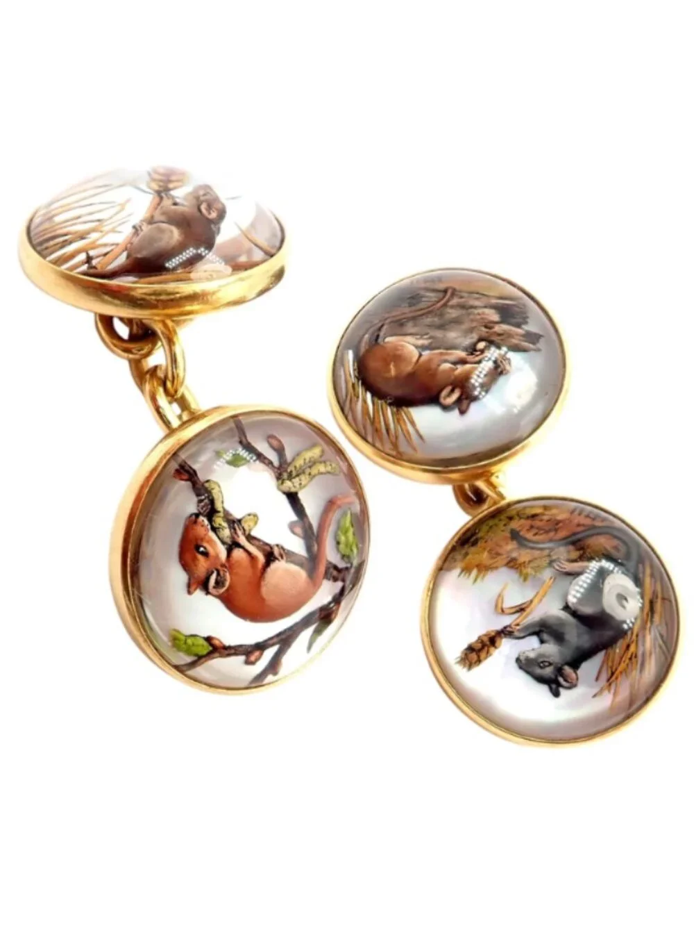 Vintage Tiffany & Co 18k Yellow Gold Essex Reverse Intaglio Field Mice Cufflinks